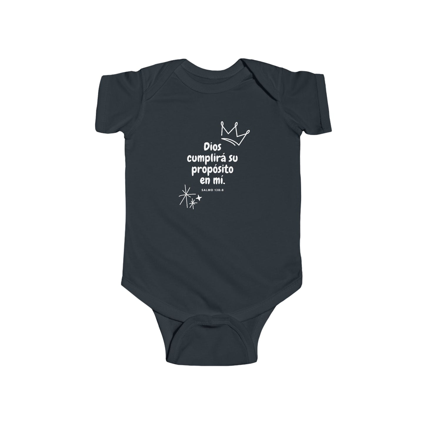 Navy blue baby onesie with Spanish Christian quote and crown illustration, Psalm 138:8