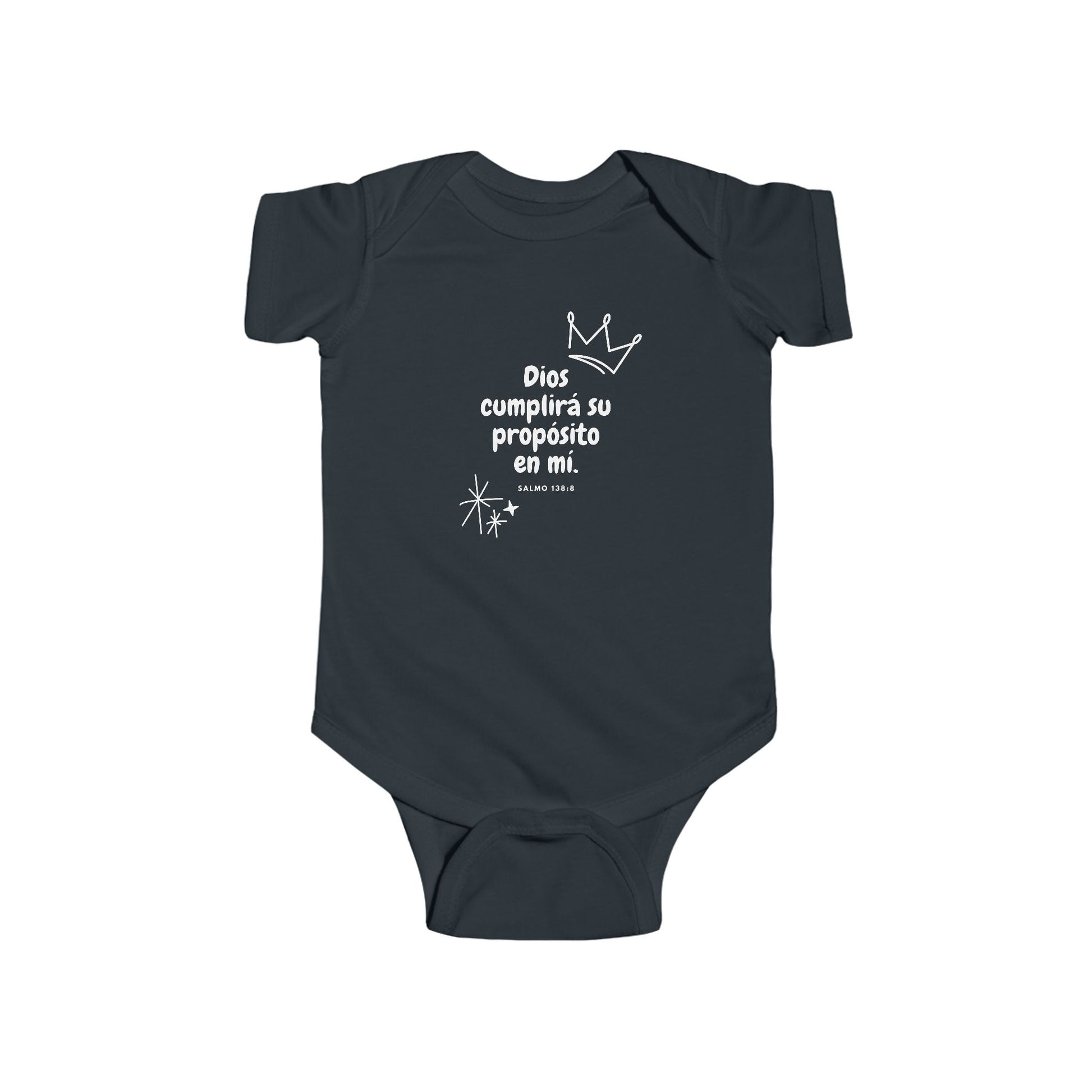 Navy blue baby onesie with Spanish Christian quote and crown illustration, Psalm 138:8