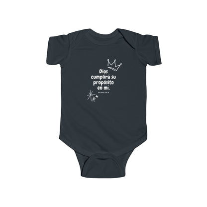 Navy blue baby onesie with Spanish Christian quote and crown illustration, Psalm 138:8