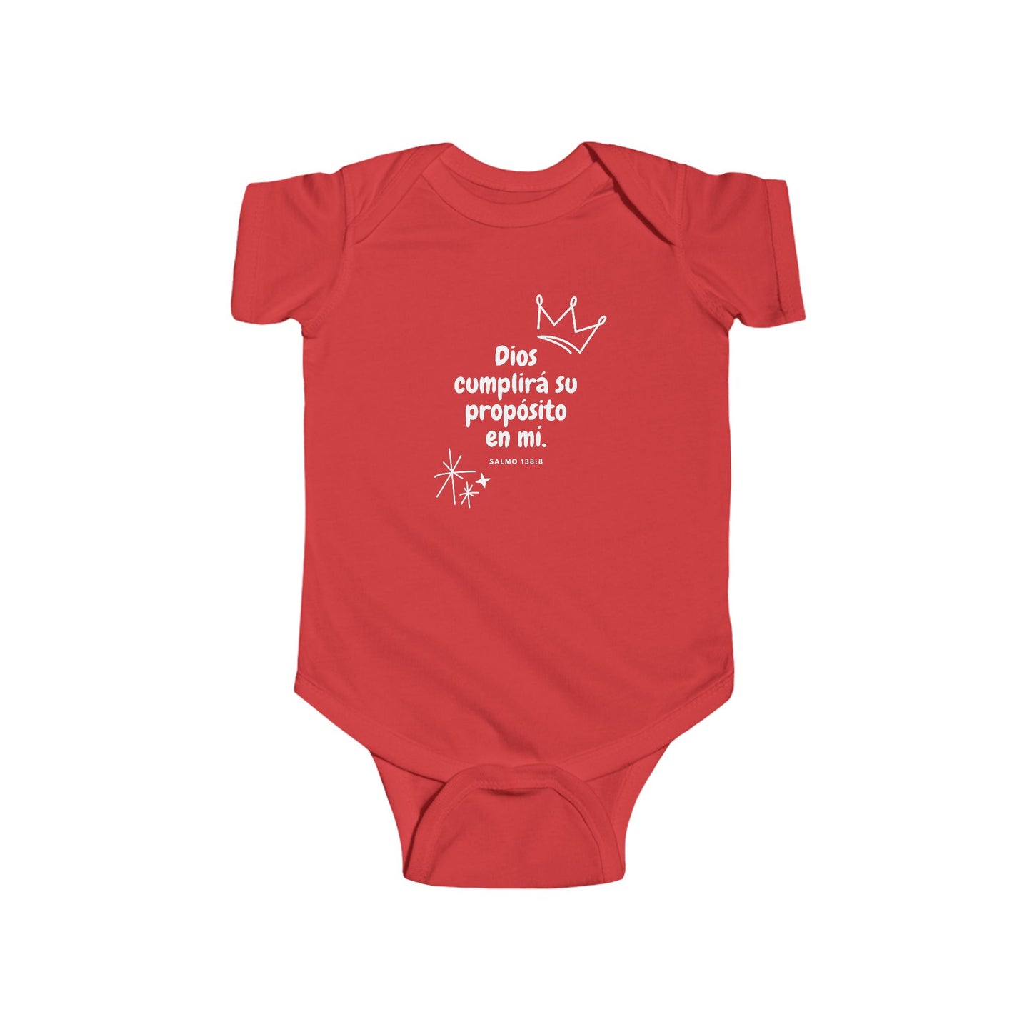 Red Christian baby onesie with Spanish Bible verse and crown graphic, faith clothing