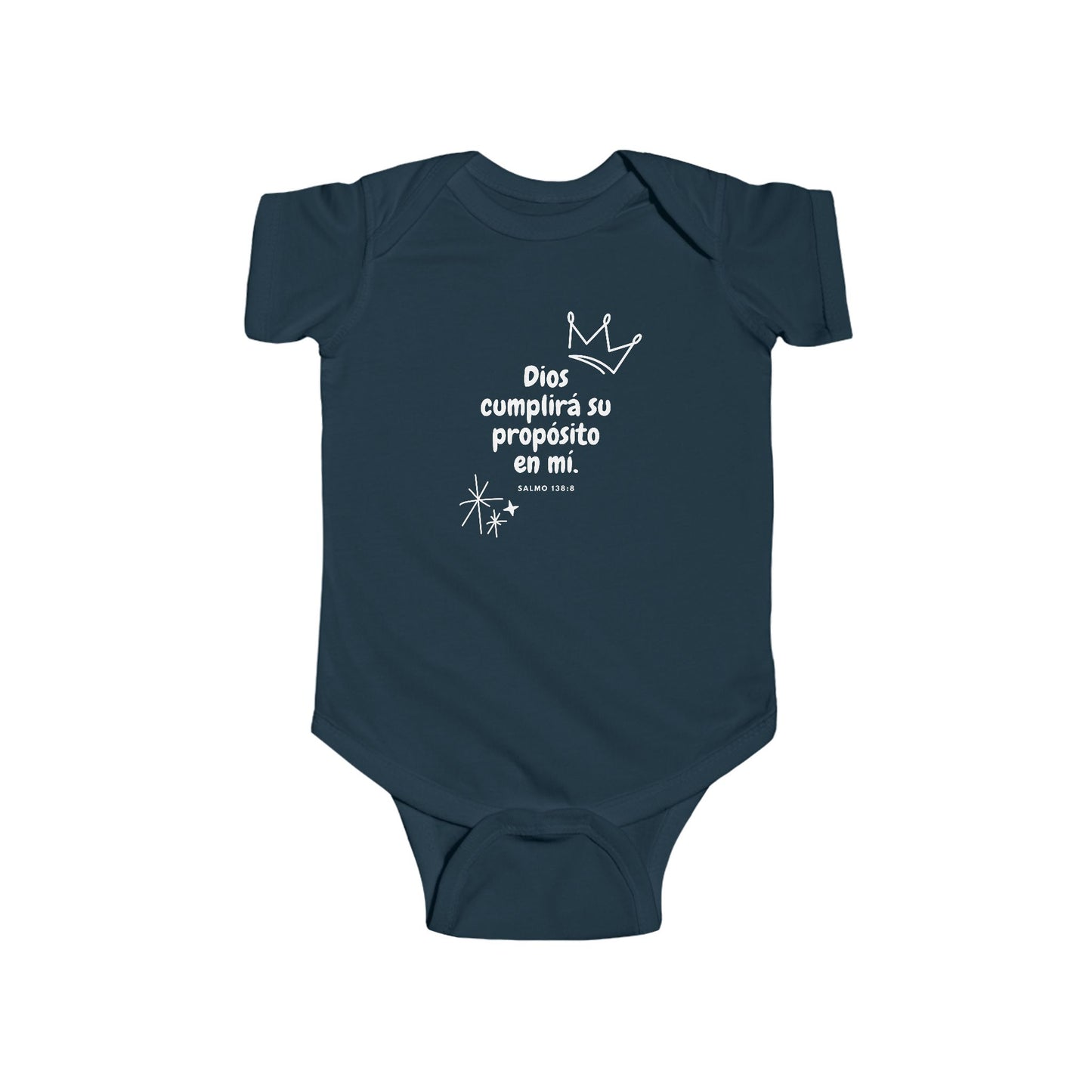 Navy blue baby onesie with Spanish Christian message and crown graphic, faith apparel