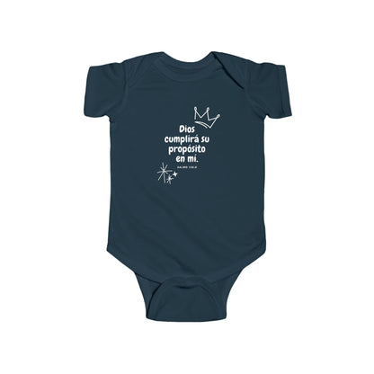 Navy blue baby onesie with Spanish Christian message and crown graphic, faith apparel