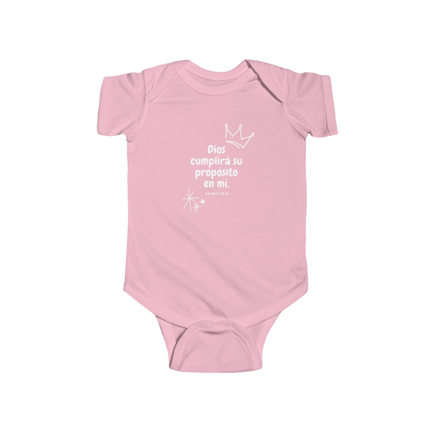 Pink Christian baby onesie with Spanish Bible verse and white crown graphic