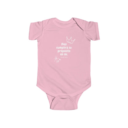 Pink Christian baby onesie with Spanish Bible verse and white crown graphic