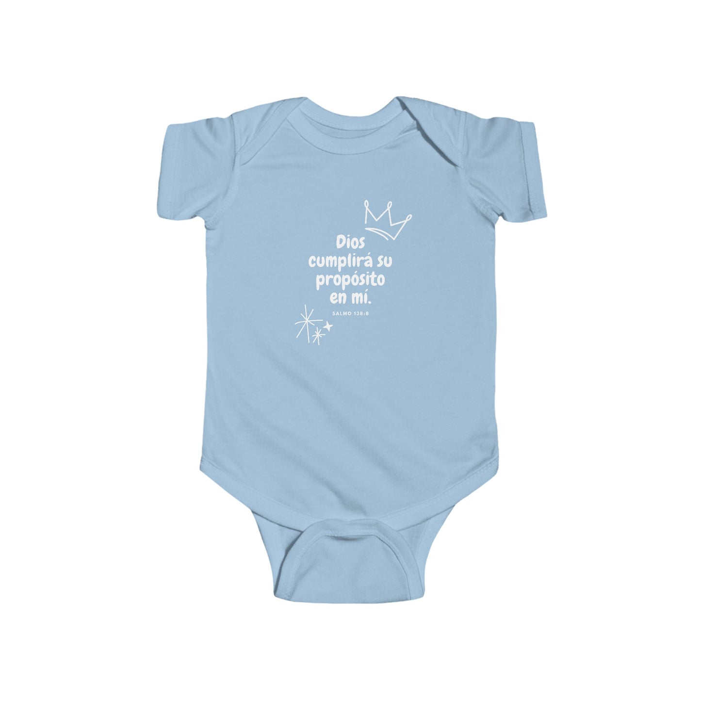 Light blue baby onesie with Spanish Christian message and white crown graphic