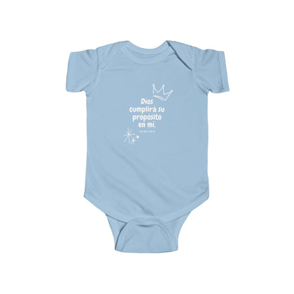 Light blue baby onesie with Spanish Christian message and white crown graphic