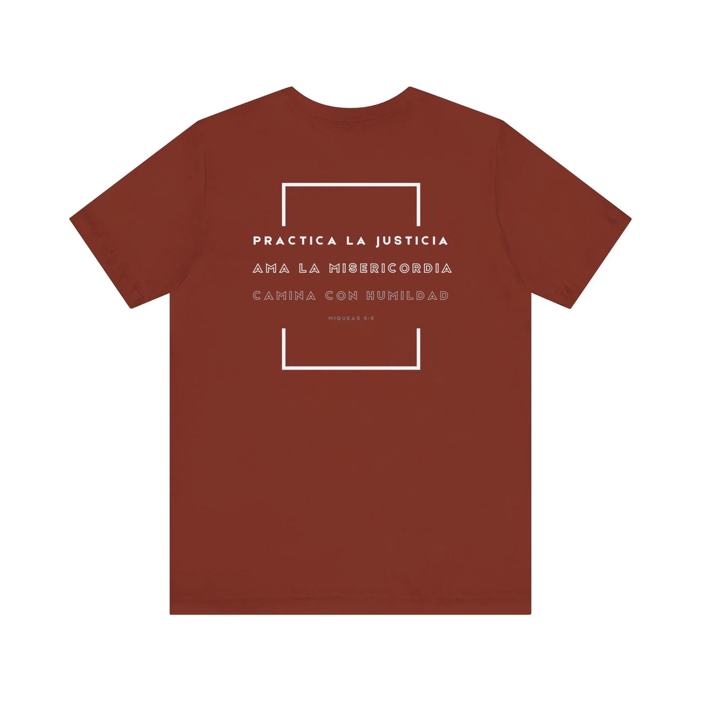Rust red Christian t-shirt with Spanish Micah 6:8 Bible verse and geometric design