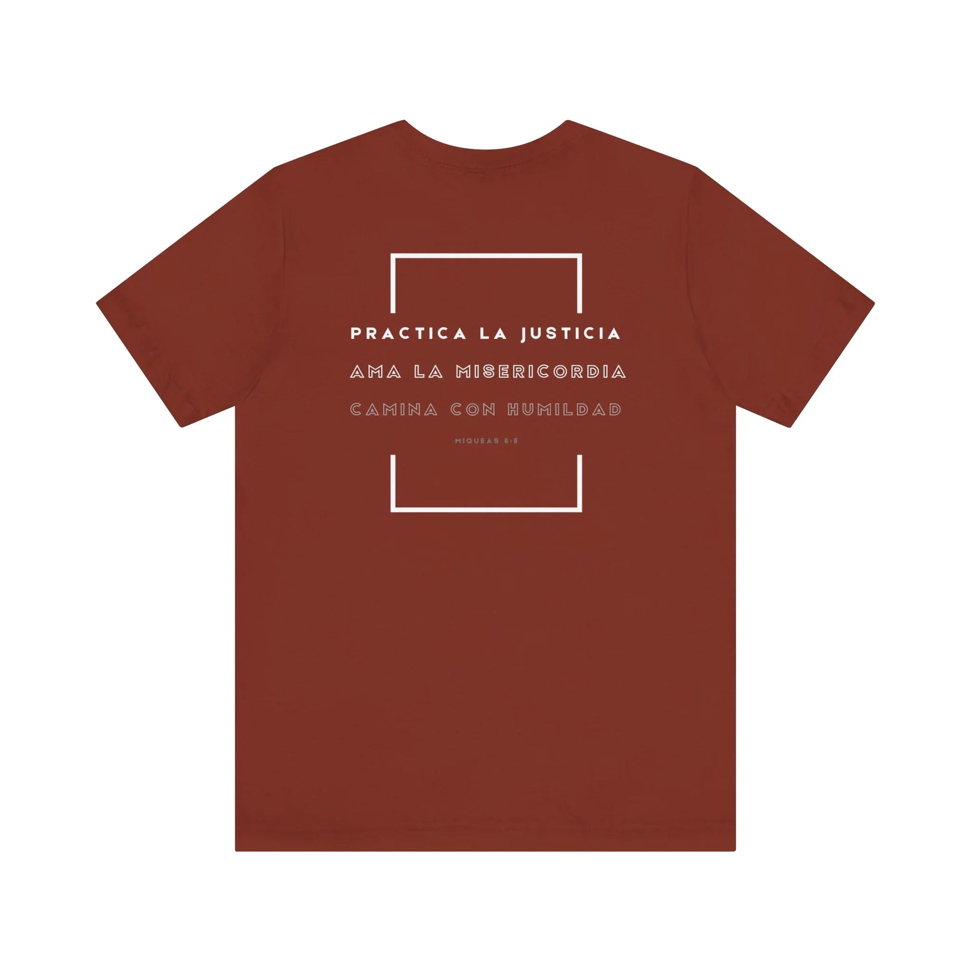 Rust red Christian t-shirt with Spanish Micah 6:8 Bible verse and geometric design