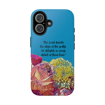 Blue Christian phone case with Psalm 37:23 and colorful floral design