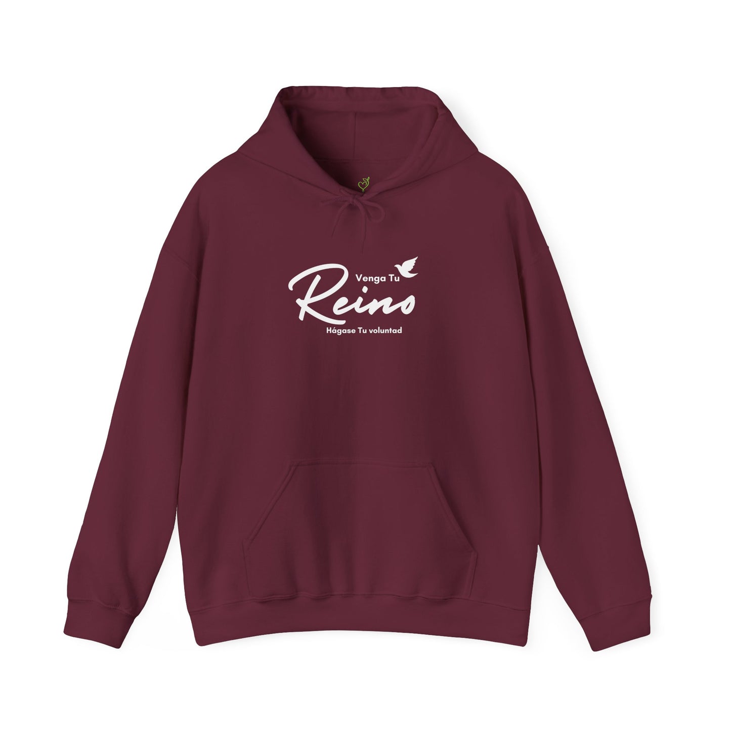 Burgundy Christian hoodie with white Spanish faith quote and dove graphic on front.