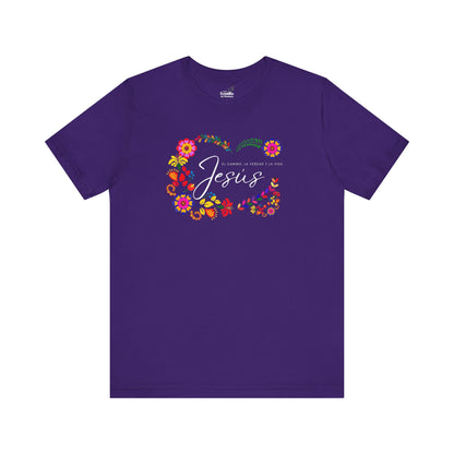 Purple Christian t-shirt with floral design and 'Jesus, El Camino, La Verdad y La Vida' text