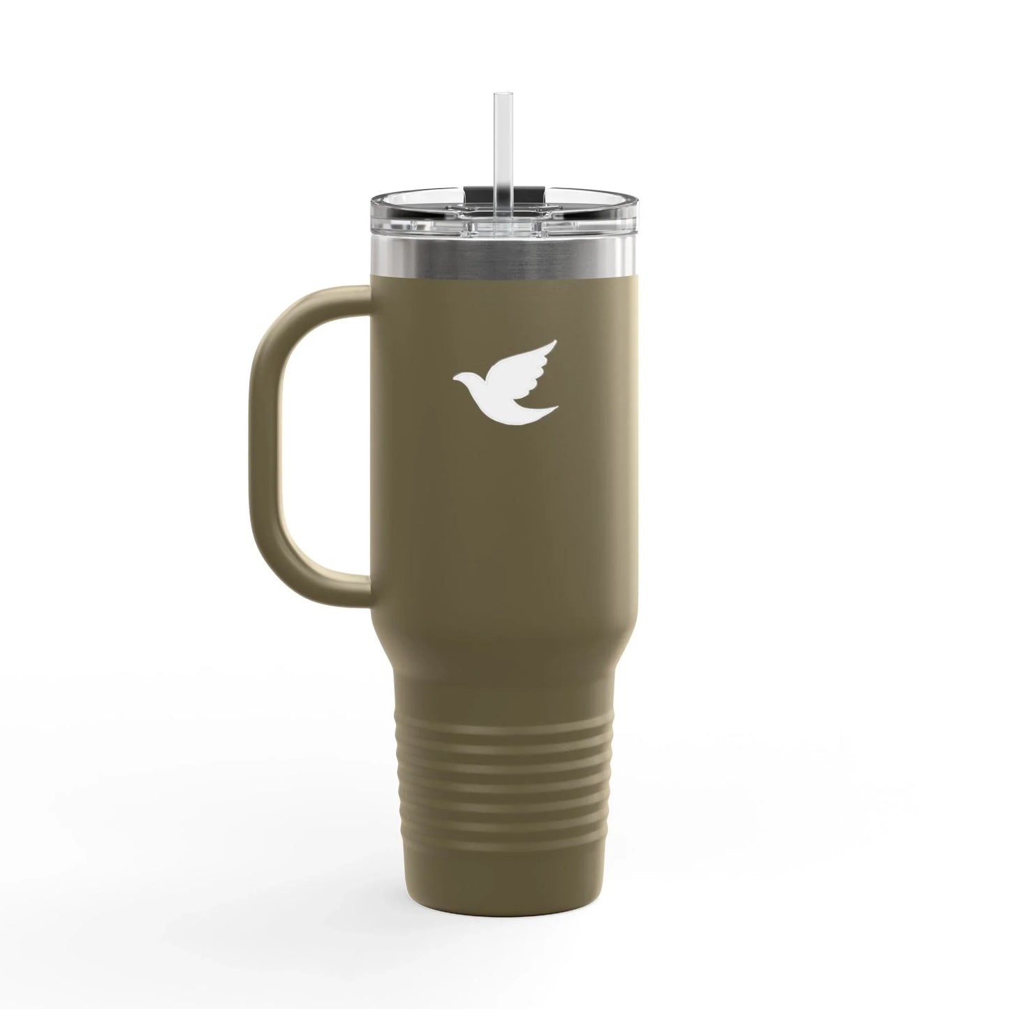 Olive green Christian travel mug with dove logo, handle, and straw lid on white background