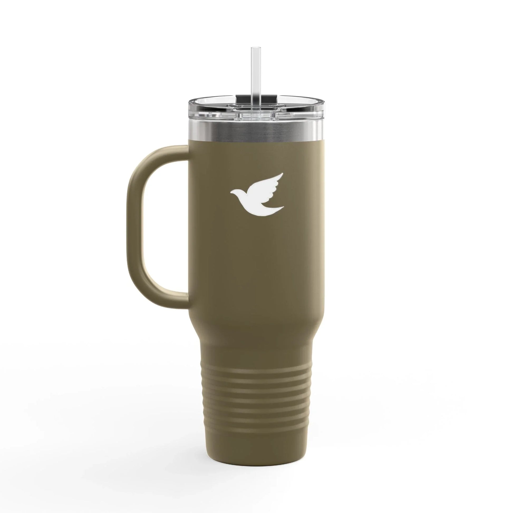 Olive green Christian travel mug with dove logo, handle, and straw lid on white background