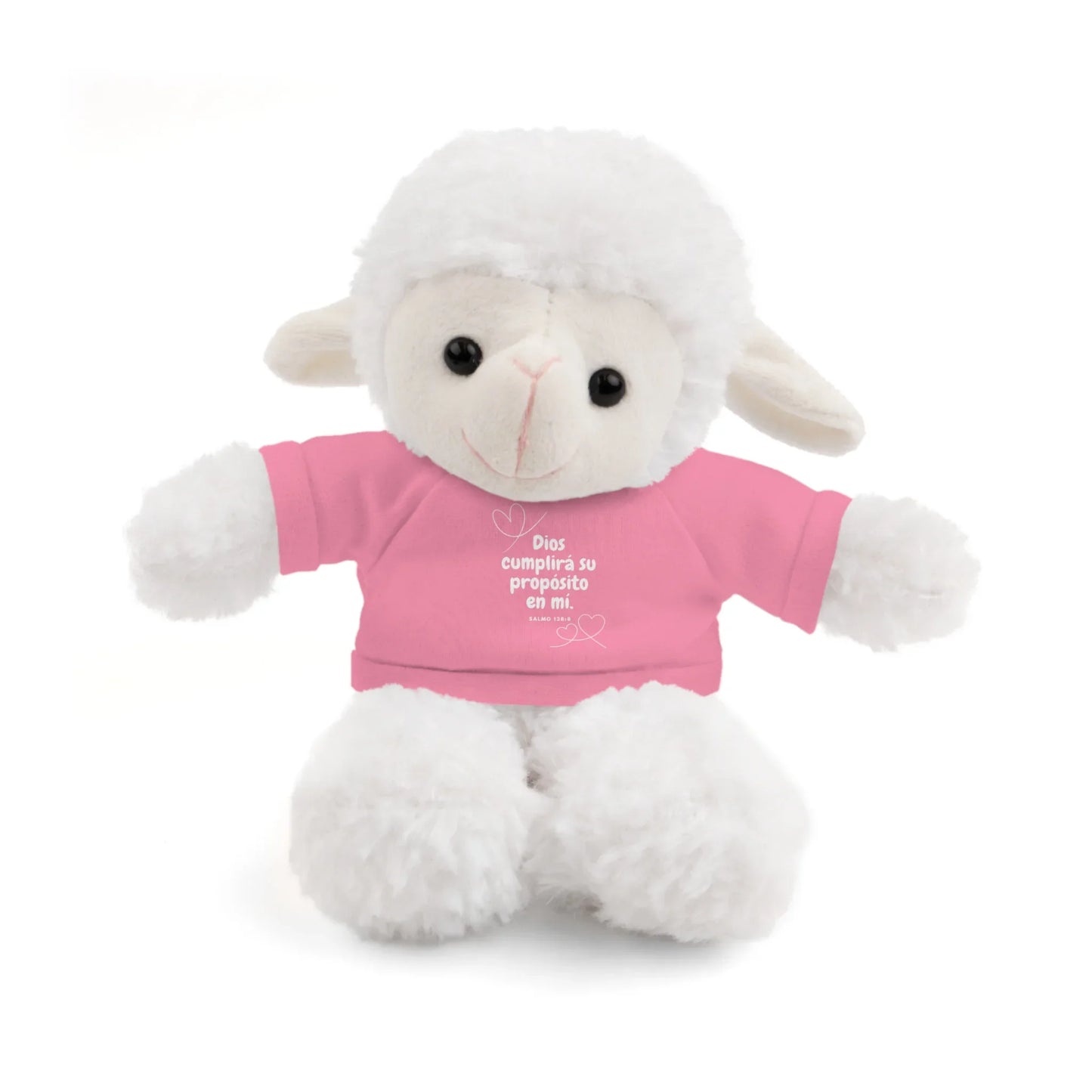 Plush white lamb wearing a pink shirt with Christian Spanish scripture message