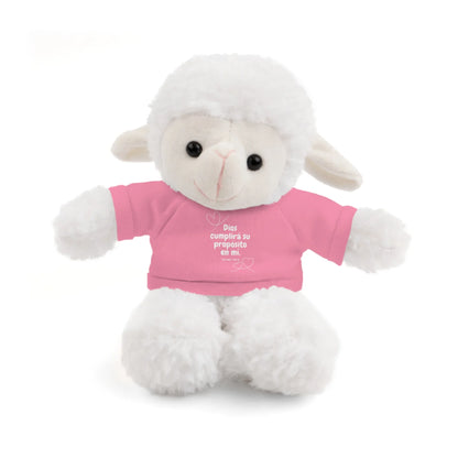 Plush white lamb wearing a pink shirt with Christian Spanish scripture message