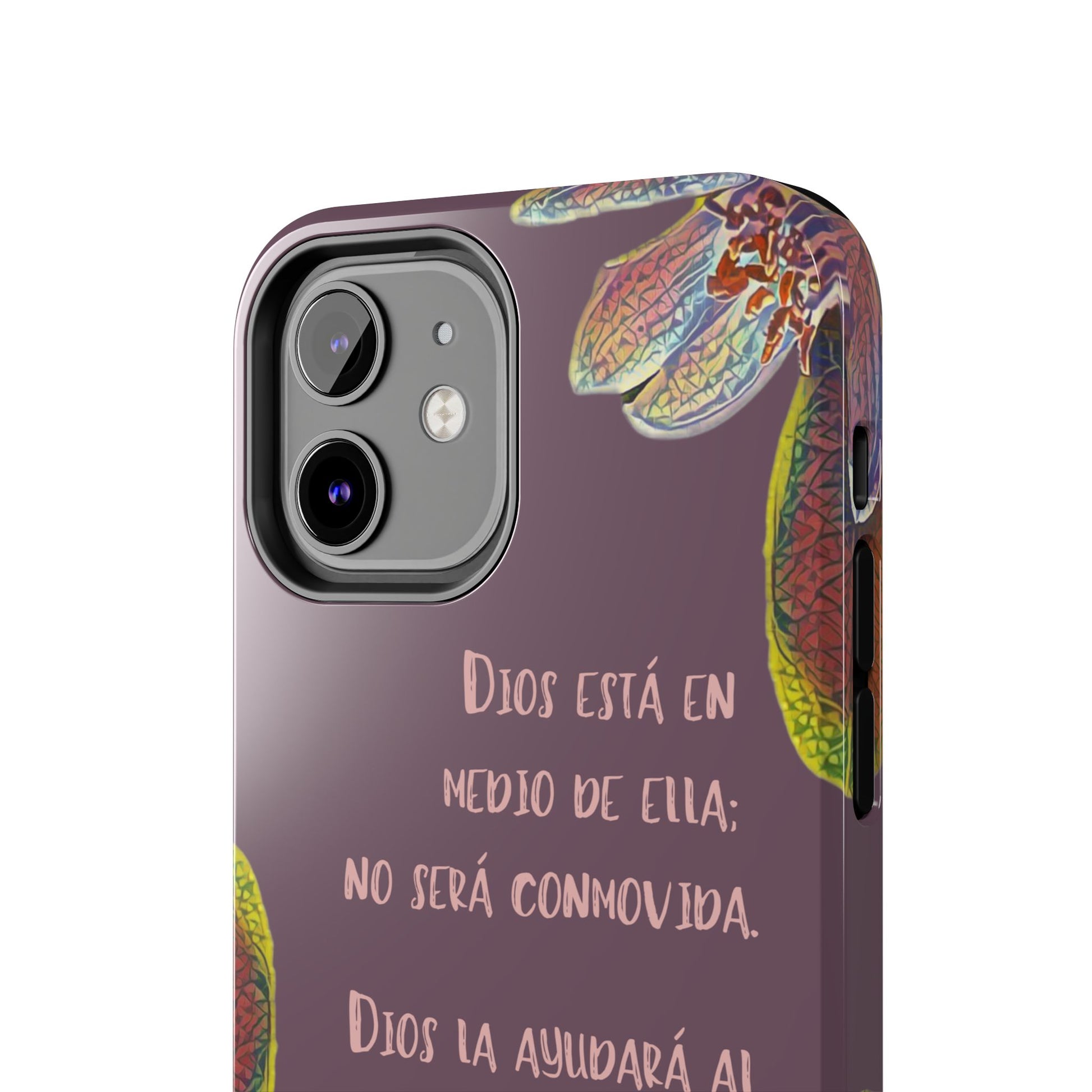 Christian phone case with floral design and Spanish Bible verse on purple background