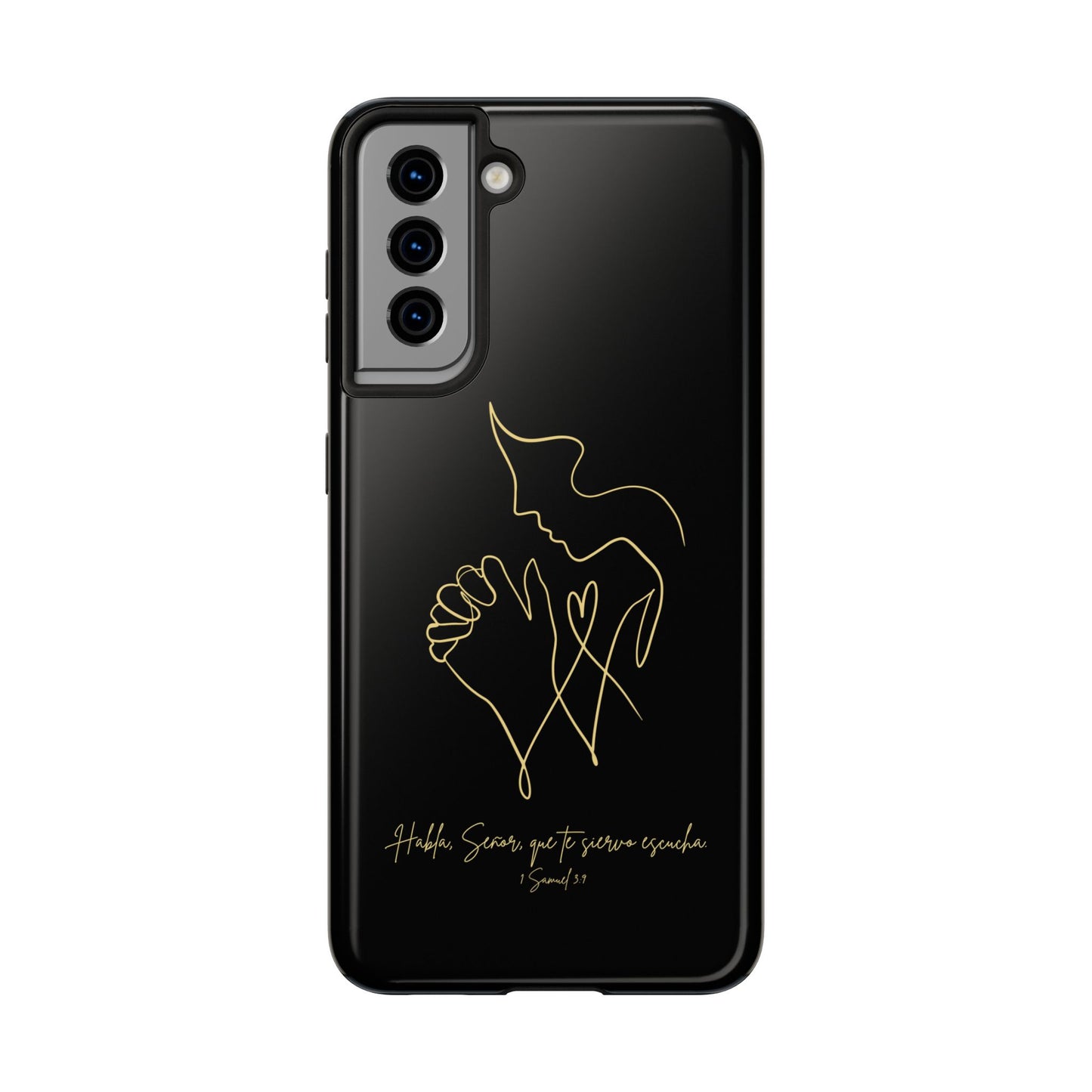 Black Christian phone case with gold praying figure line art and Spanish Scripture quote