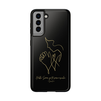 Black Christian phone case with gold praying figure line art and Spanish Scripture quote
