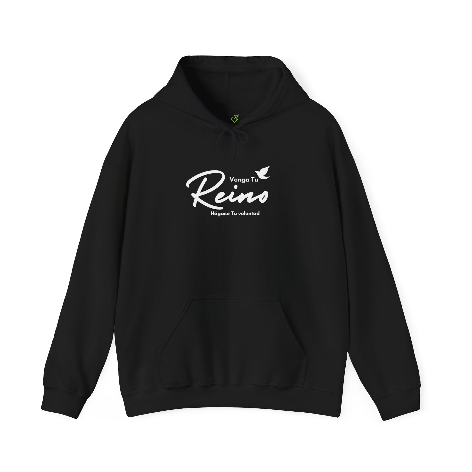 Black Christian hoodie with Spanish text 'Venga Tu Reino Hágase Tu voluntad' and dove graphic