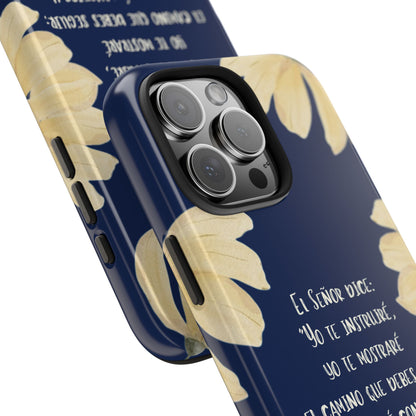 Blue Christian phone case with yellow floral design and Spanish Scripture text