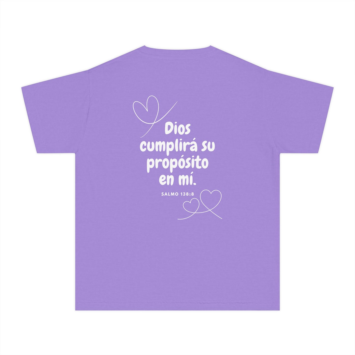 Lilac Christian t-shirt with Spanish Bible verse Salmo 138:8 and heart graphics
