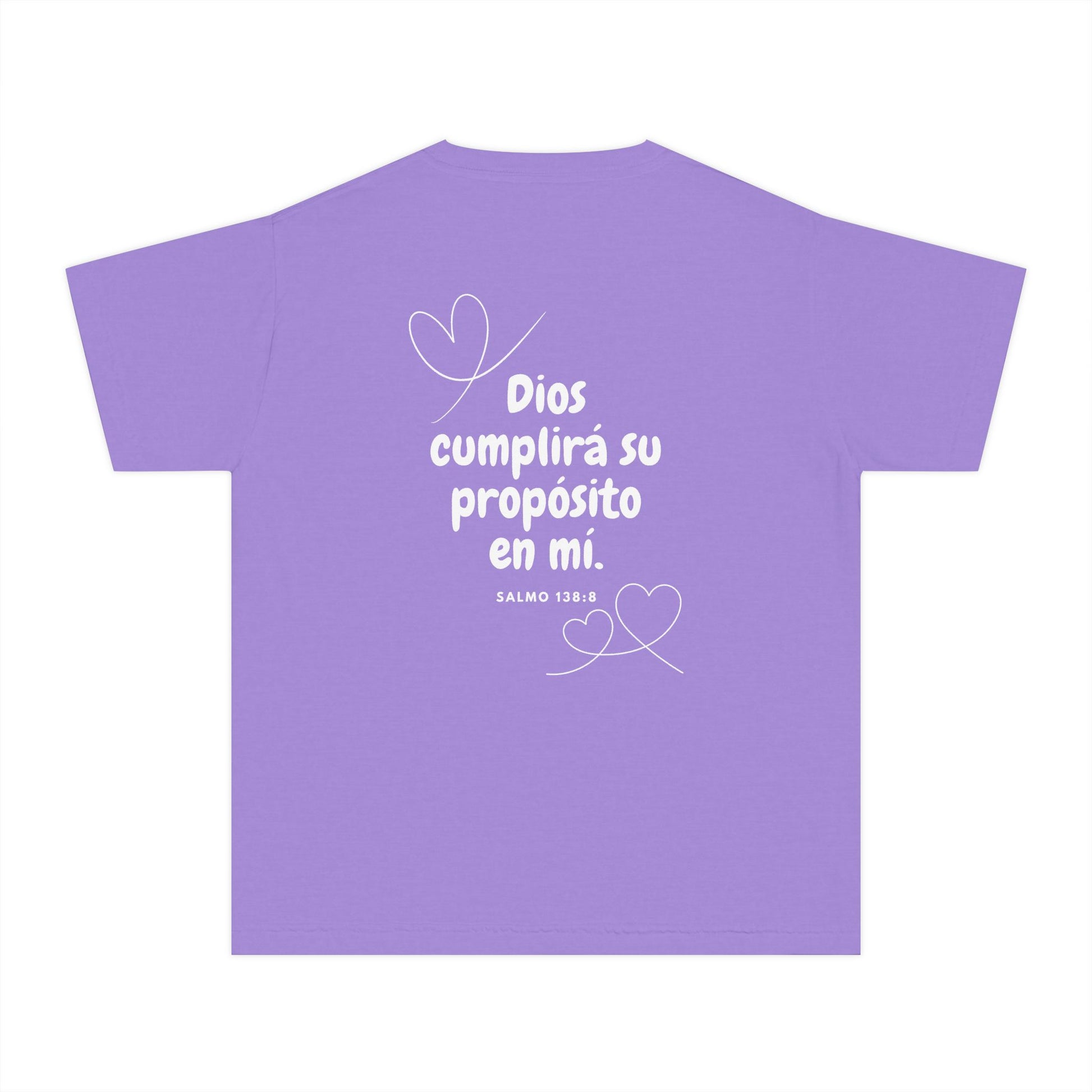 Lilac Christian t-shirt with Spanish Bible verse Salmo 138:8 and heart graphics
