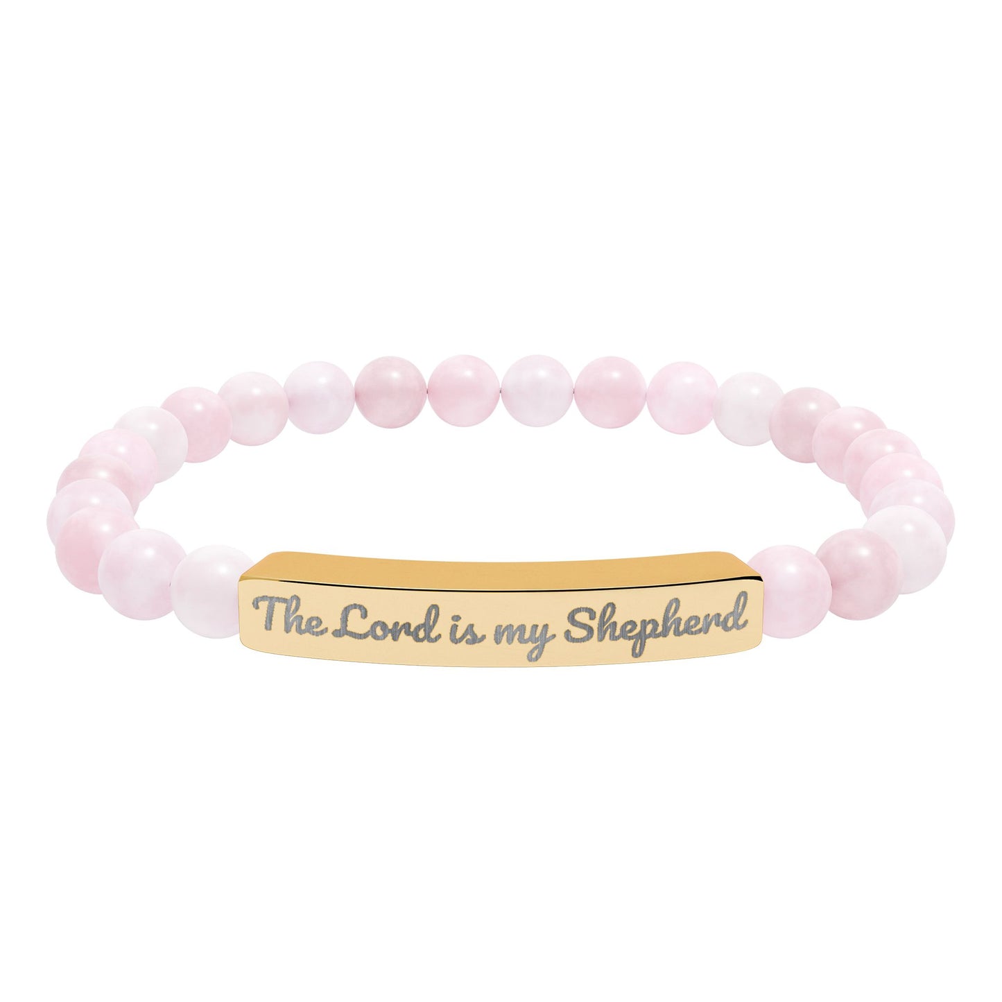 Pink beaded Christian bracelet with gold bar engraved The Lord is my Shepherd