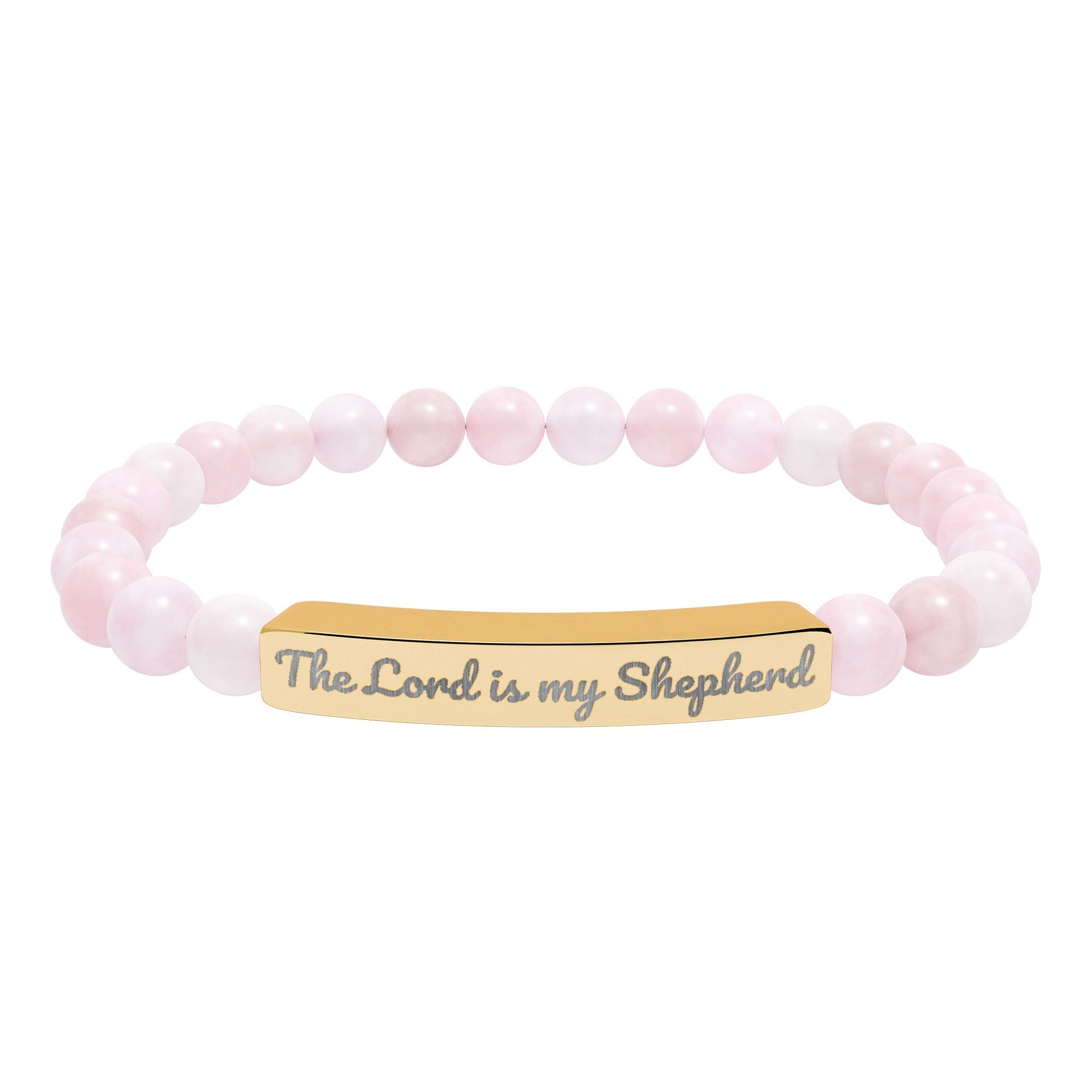 Pink beaded Christian bracelet with gold bar engraved The Lord is my Shepherd