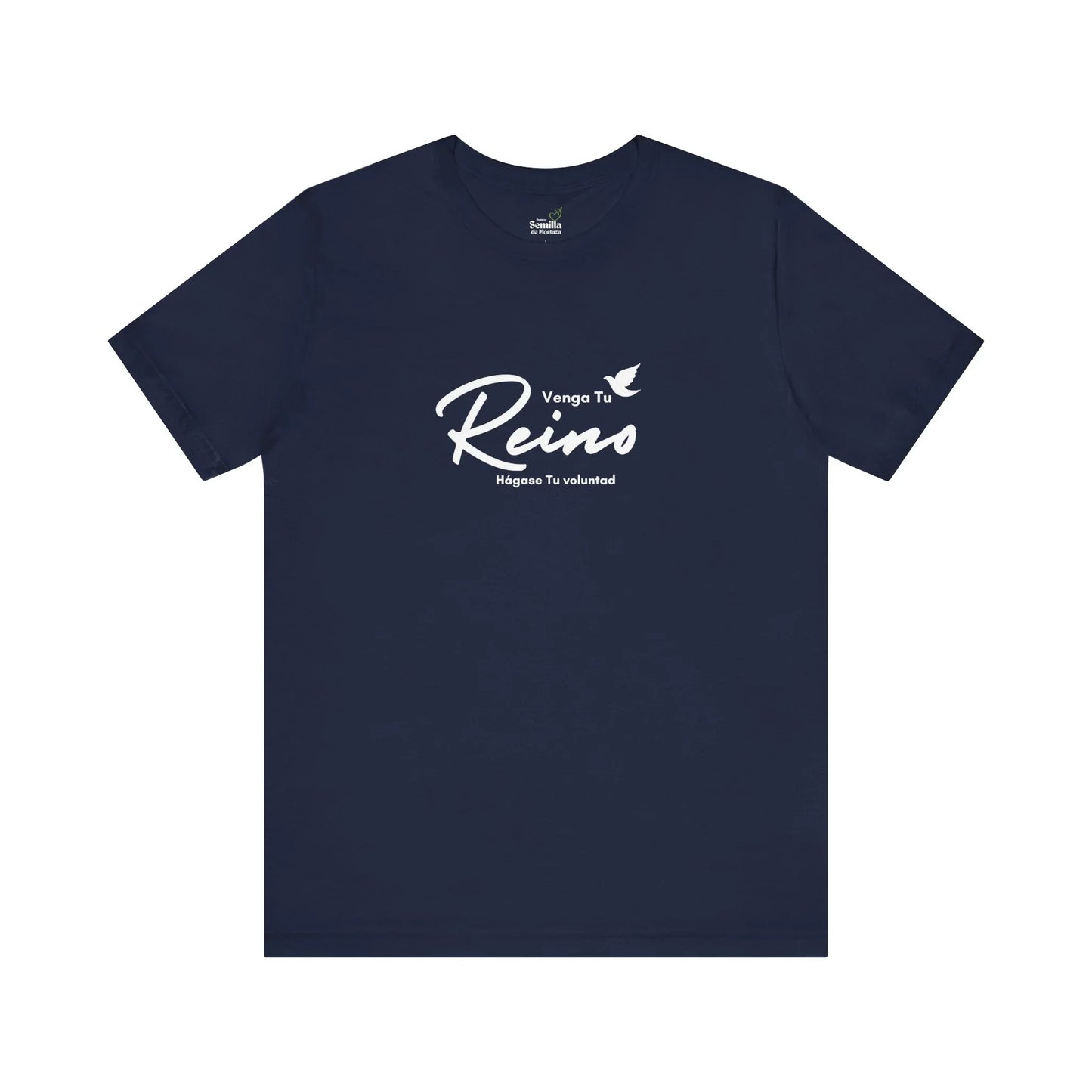 Navy Christian t-shirt with white Spanish text 'Venga Tu Reino' and dove graphic