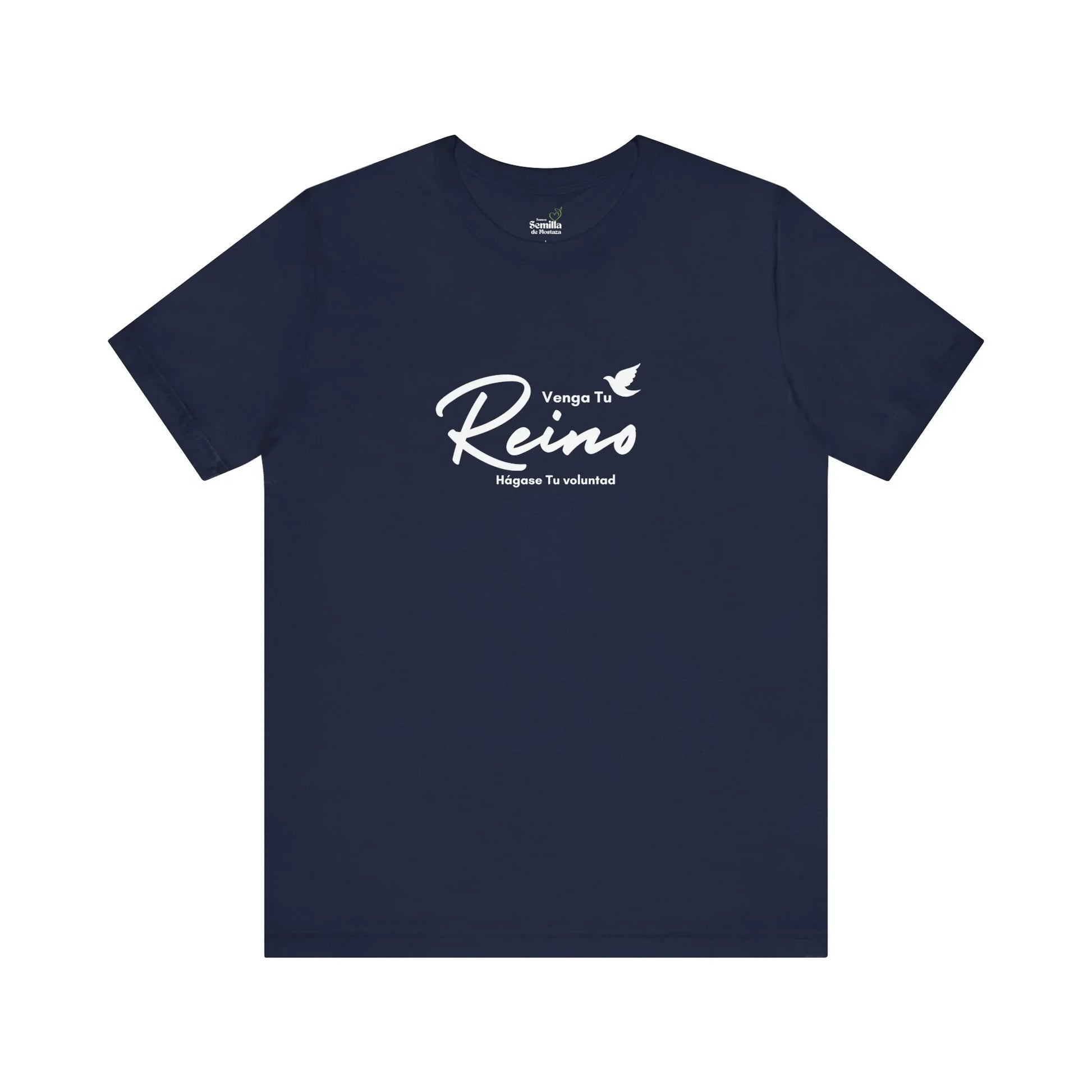 Navy Christian t-shirt with white Spanish text 'Venga Tu Reino' and dove graphic
