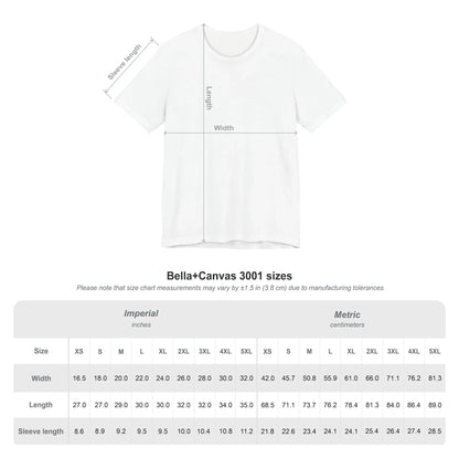 Bella+Canvas 3001 t-shirt size chart with measurements in inches and centimeters