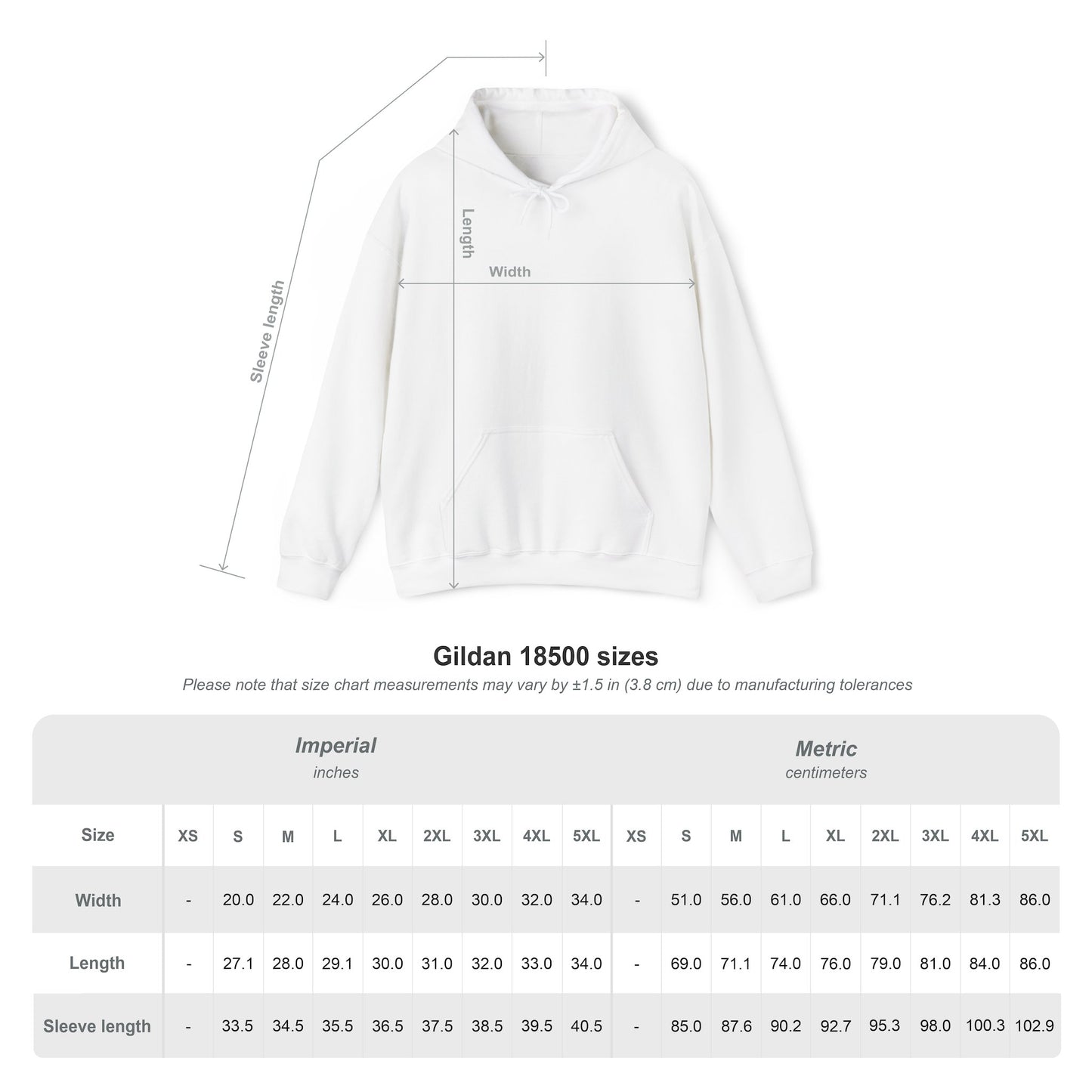 Gildan 18500 hoodie size guide with measurements chart in inches and centimeters.