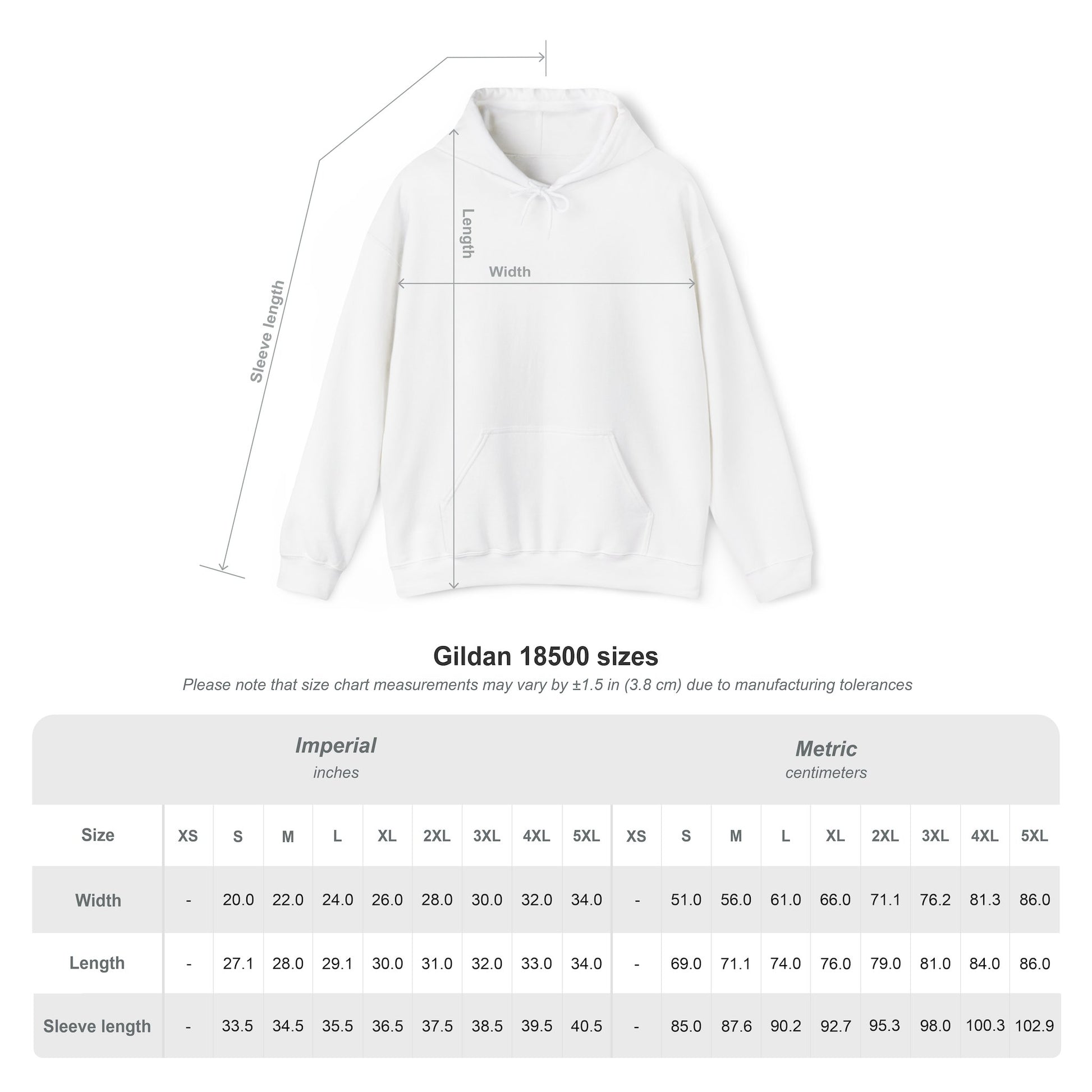 White Gildan 18500 hoodie with size chart for width, length, and sleeve measurements.