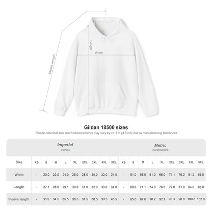White Gildan 18500 hoodie with size chart for width, length, and sleeve measurements.