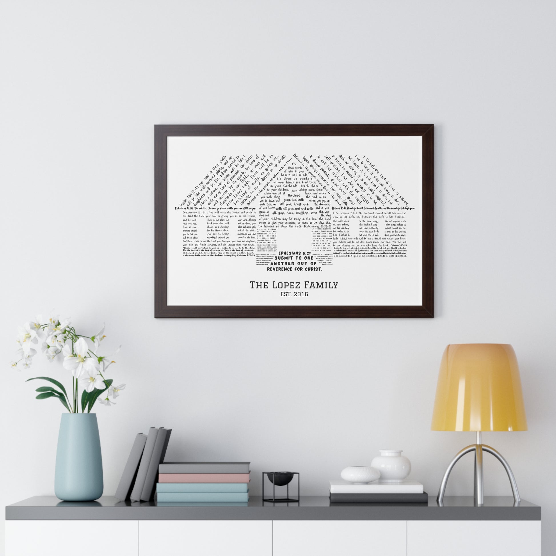 Modern Christian wall art with house shape made of Bible verses, custom family name print.