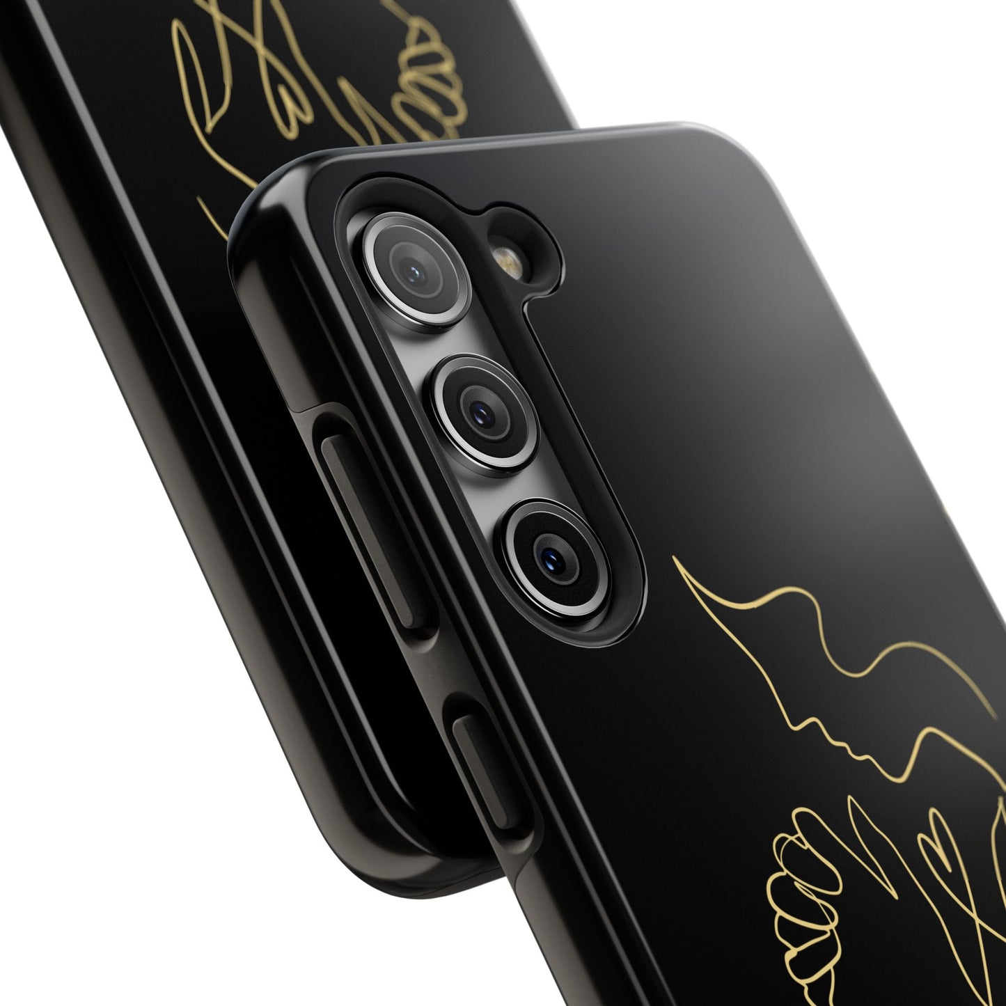 Black phone case with gold minimalist dove and hand Christian design, close-up view