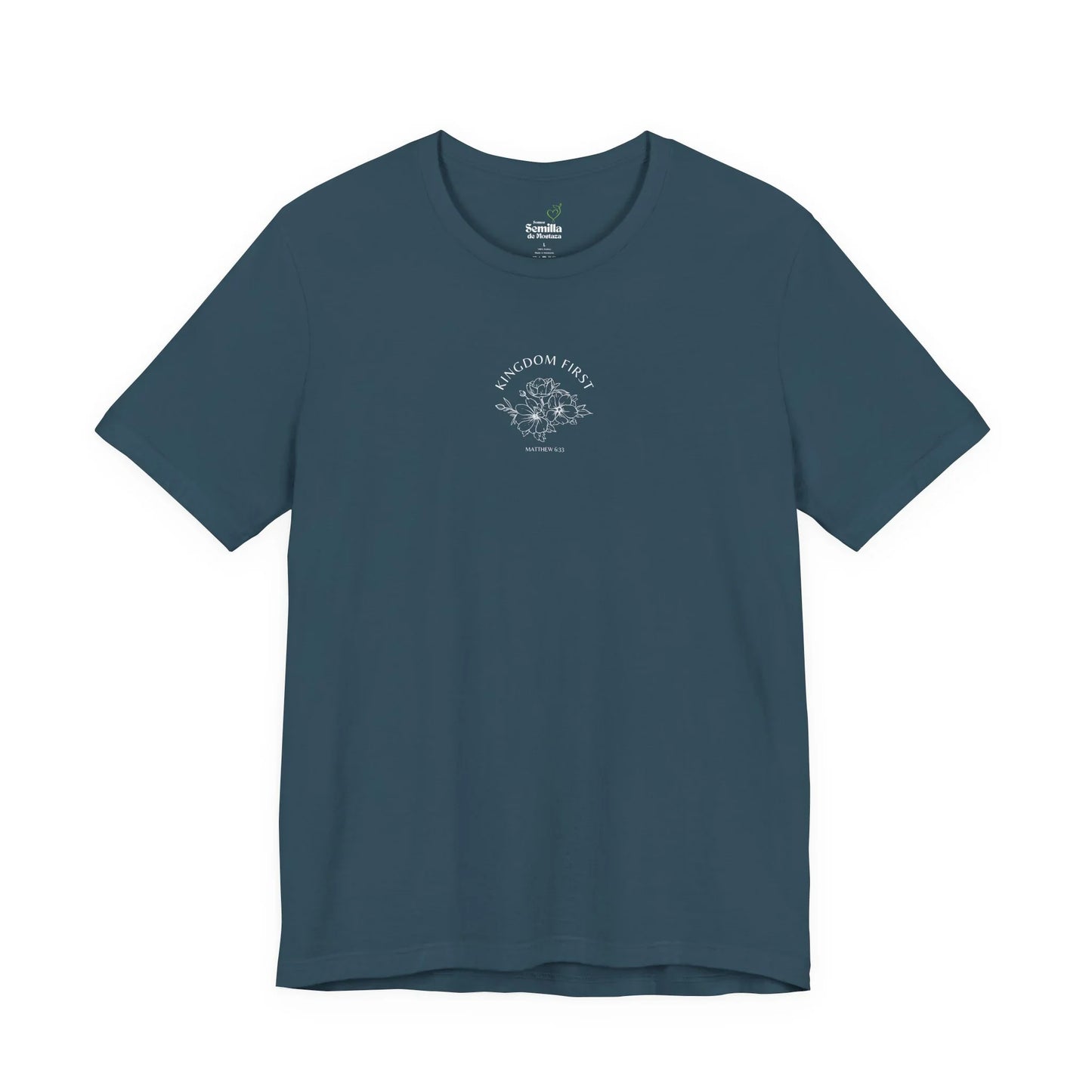 Blue Christian t-shirt with 'Kingdom First' text, floral graphic, and Matthew 6:33 scripture.