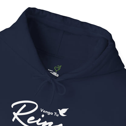 Navy blue Christian hoodie with 'Venga Tu Reino' and dove graphic in white print