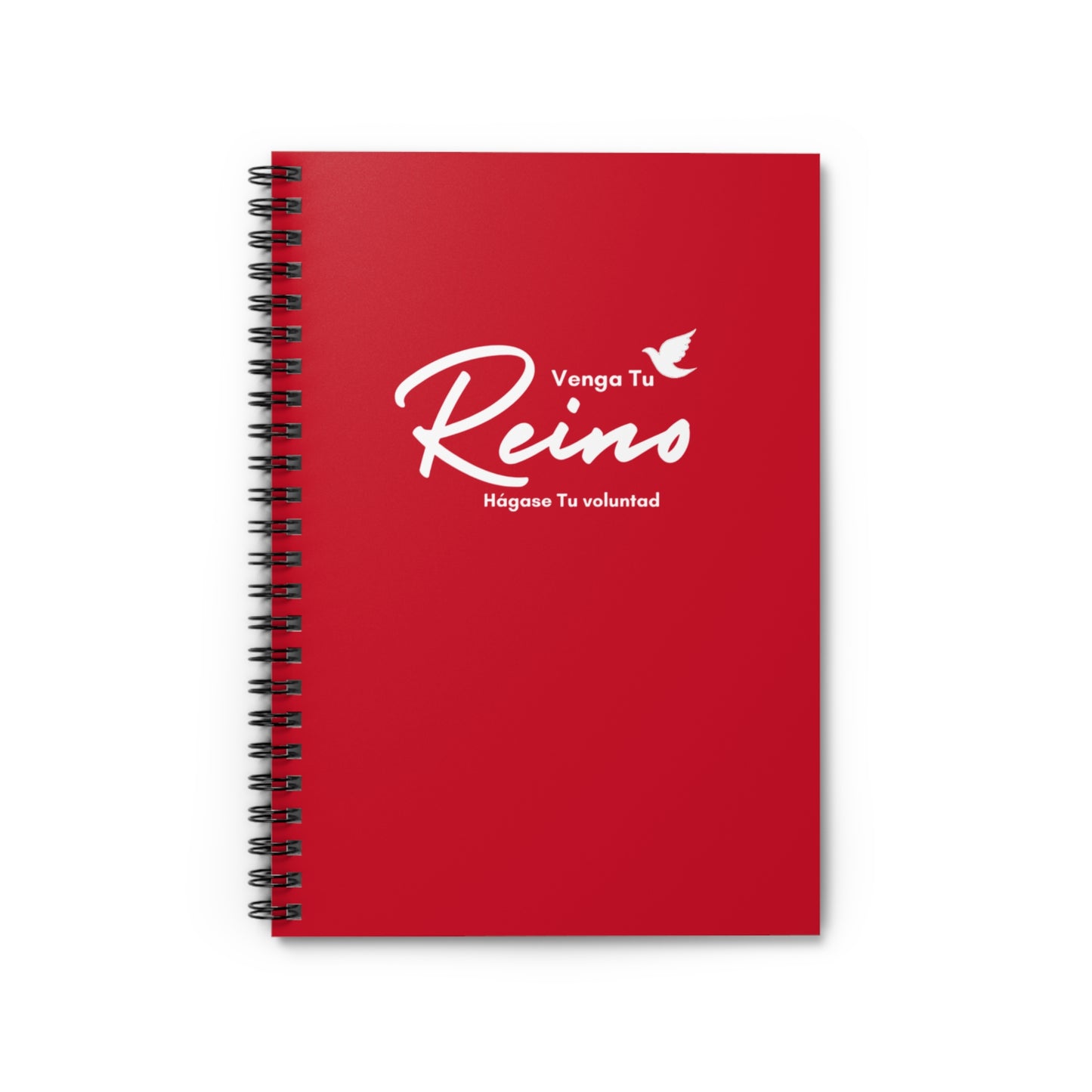 Red Christian spiral notebook with 'Venga Tu Reino' and a white dove design on the cover