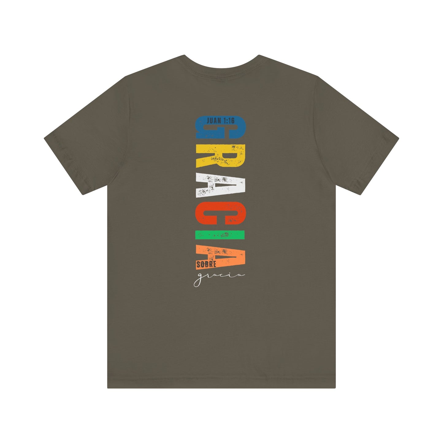 Christian t-shirt with colorful 'Gracia sobre gracia' text and John 1:16 scripture on back