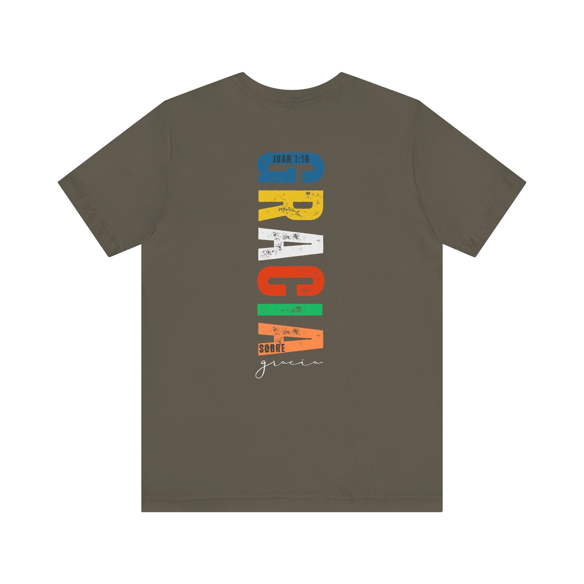 Christian t-shirt with colorful 'Gracia sobre gracia' text and John 1:16 scripture on back
