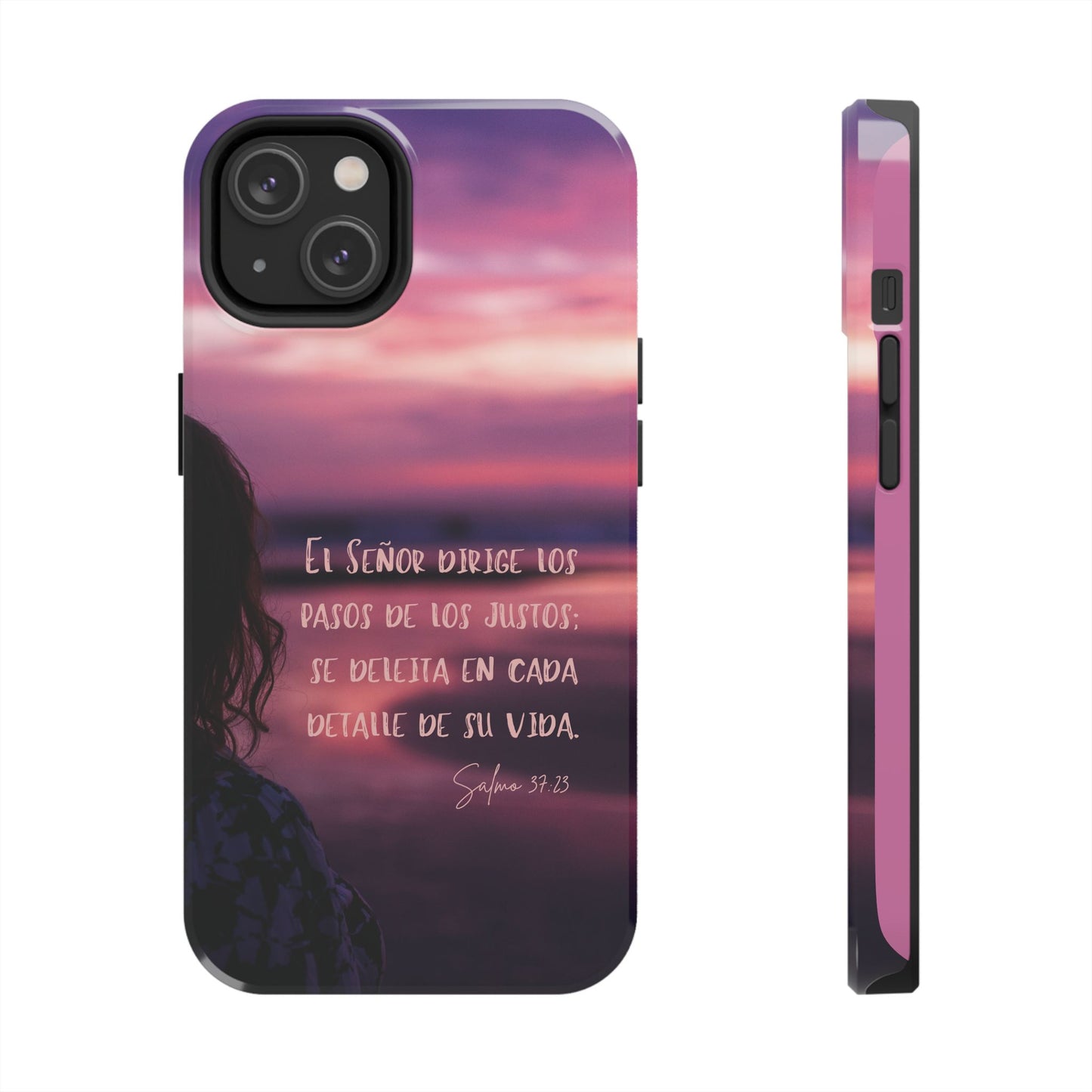 Christian phone case with Psalm 37:23 in Spanish, sunset background, inspirational gift