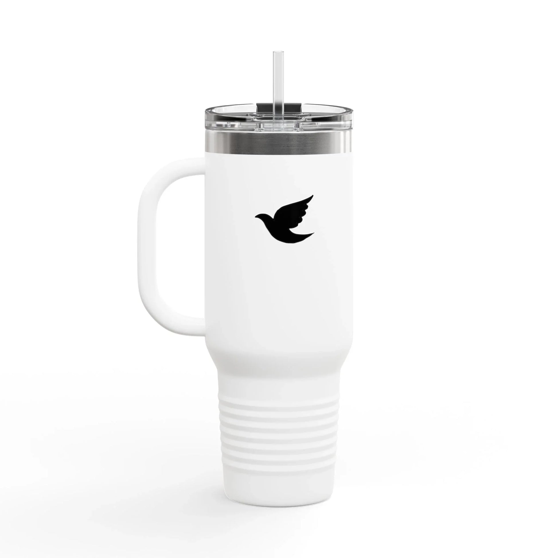 White Christian tumbler mug with black dove graphic, clear lid, and straw