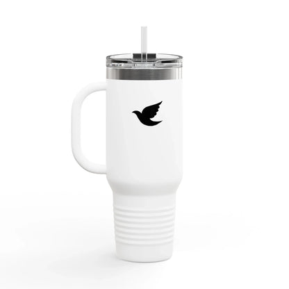 White Christian tumbler mug with black dove graphic, clear lid, and straw
