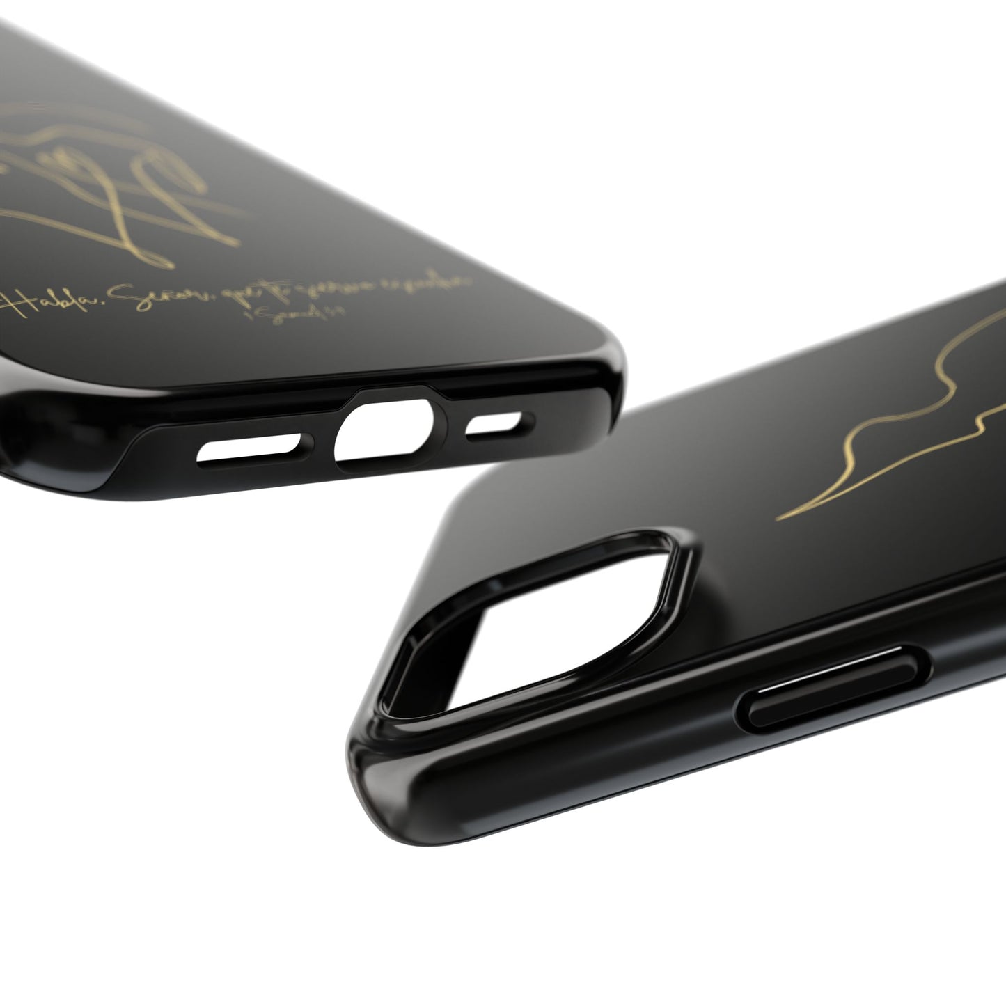 Black Christian phone case with gold minimalist line art and inspirational scripture text