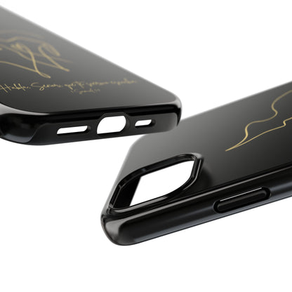 Black Christian phone case with gold minimalist line art and inspirational scripture text
