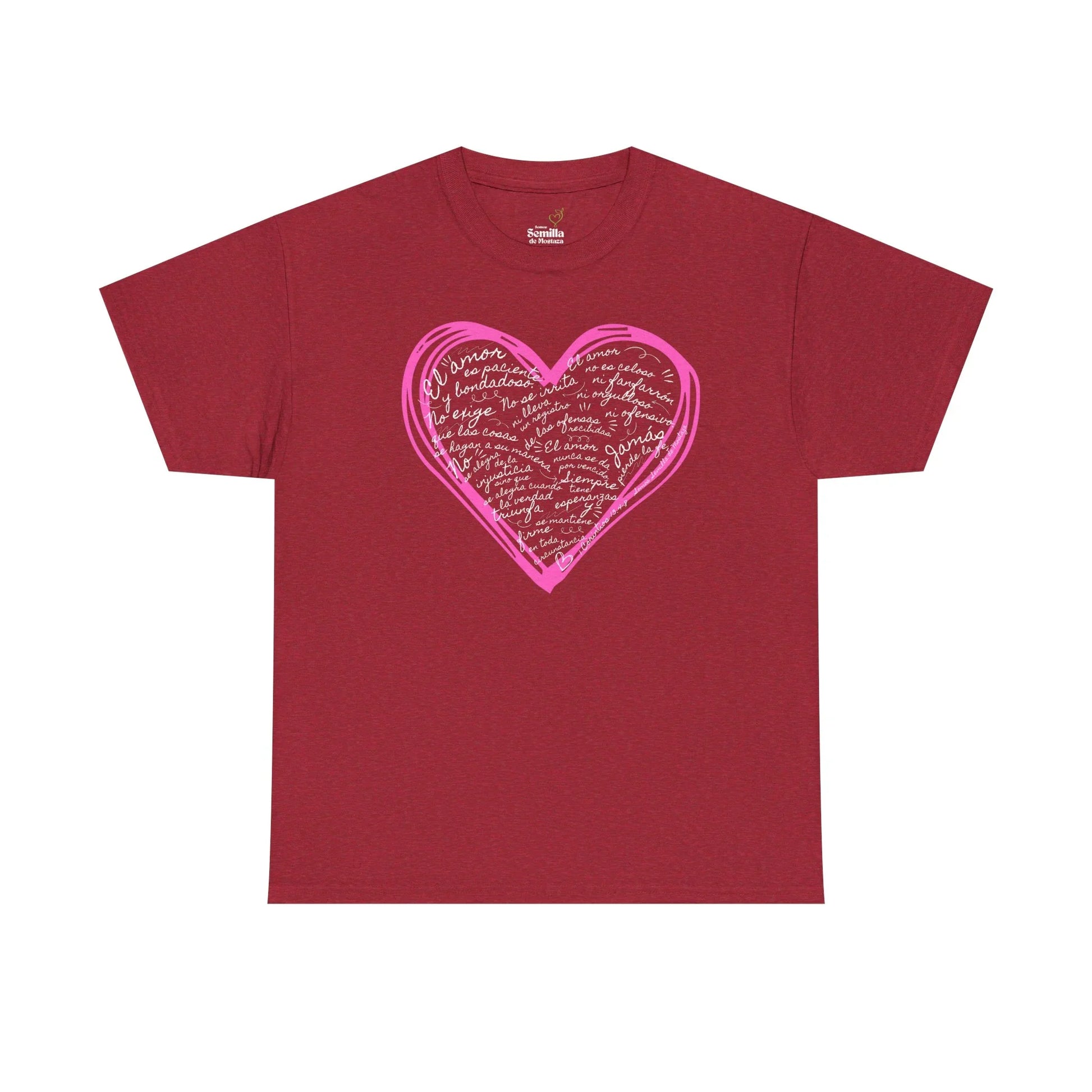 Red Christian t-shirt with pink heart design and handwritten Spanish faith-inspired text