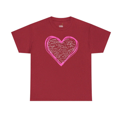 Red Christian t-shirt with pink heart design and handwritten Spanish faith-inspired text