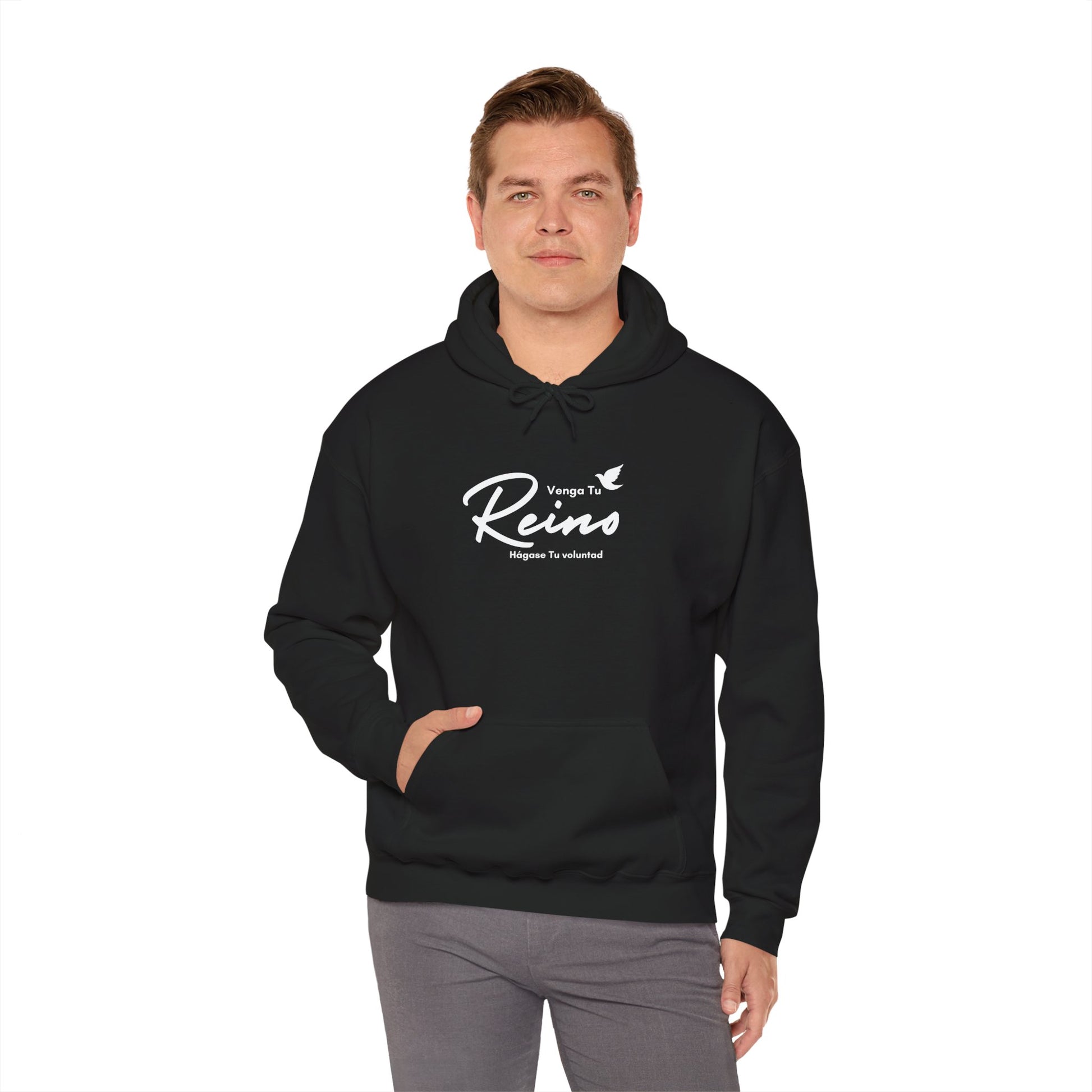 Man wearing black Christian hoodie with Spanish faith message and white dove design
