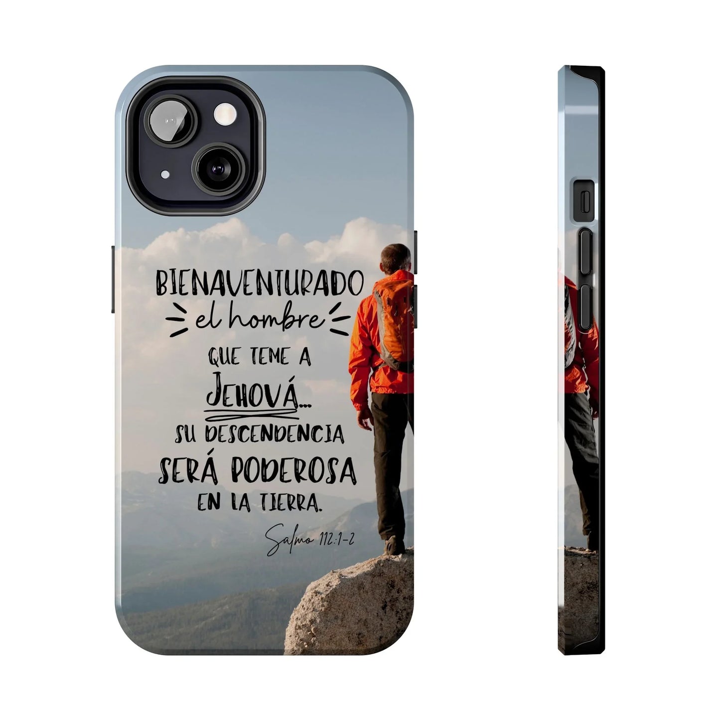 Christian phone case with hiker on mountain, Spanish Bible verse, faith inspiration design